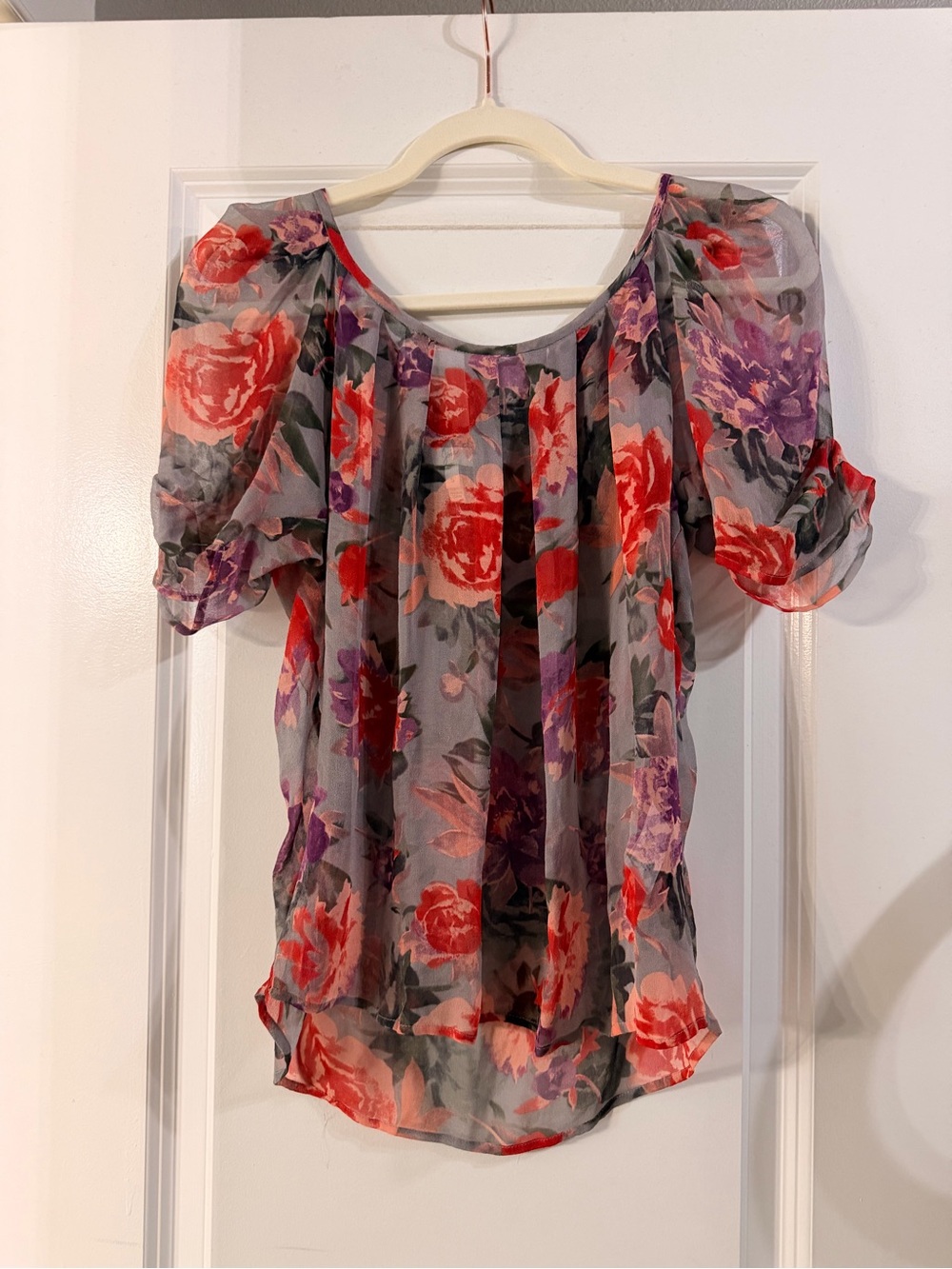 Joie Sheer Floral Off-Shoulder Blouse in Red and Purple
